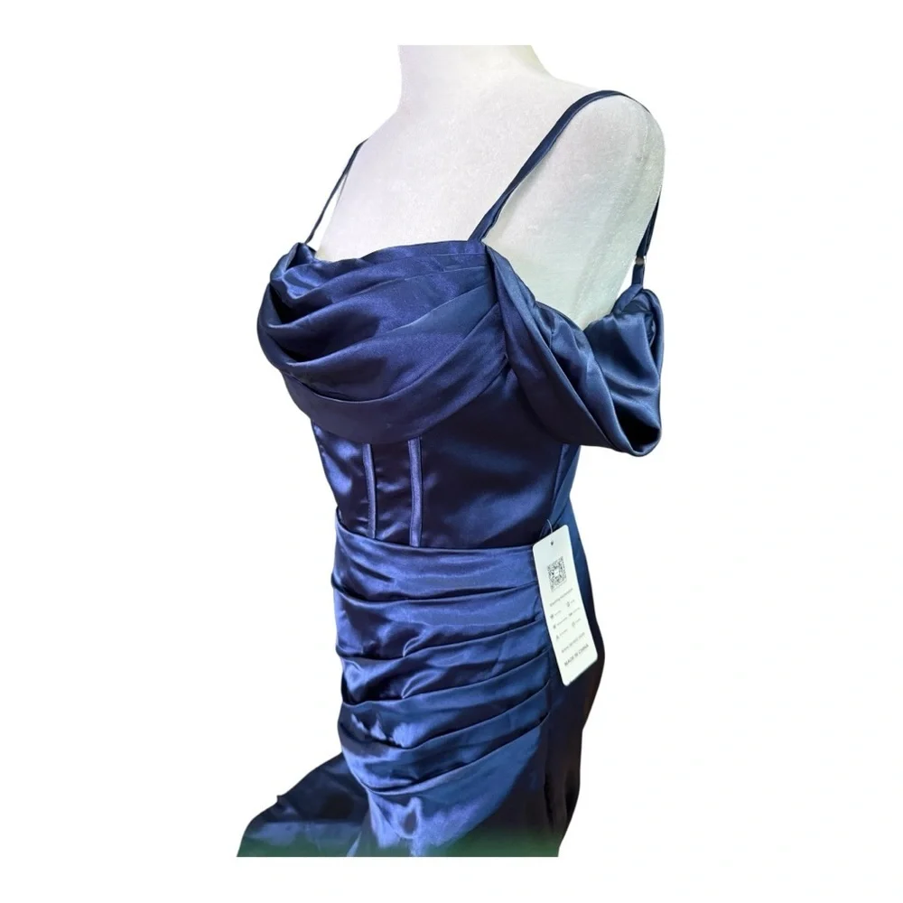 Lavetir Navy Blue Satin Evening Gown NWT Off Shoulder Formal Dress Ball - Picture 3 of 8